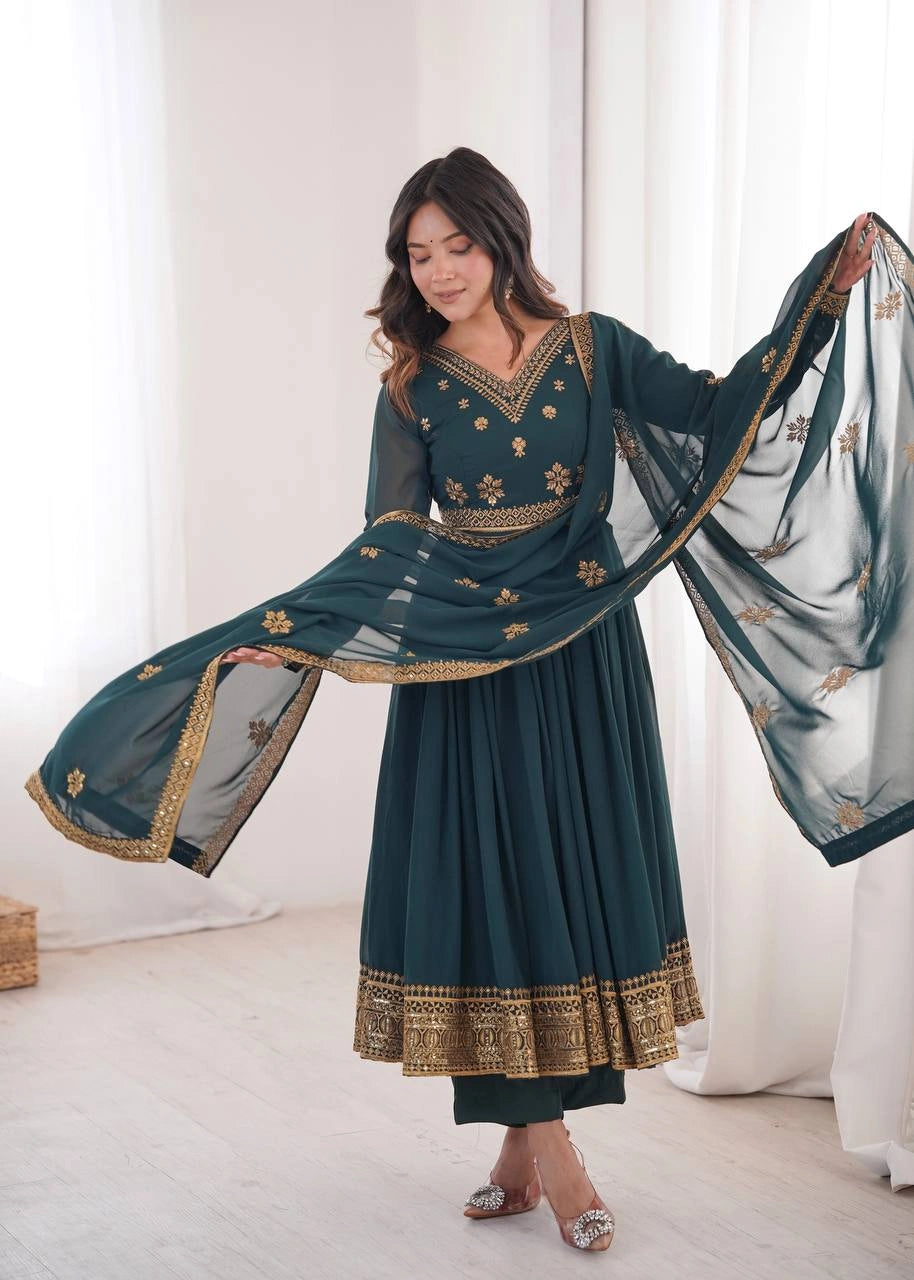 Peacock Green Sequins Embroidered Suit – Anarkali Pant Set with Dupatta Kalyanja